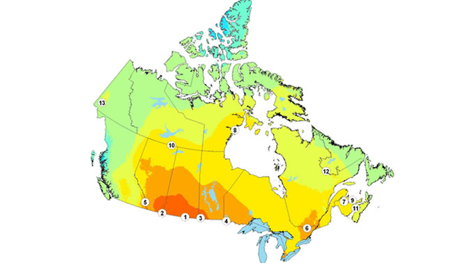 Map of Canada showing the top thirteen communities in the country with potential for a solar facility. 