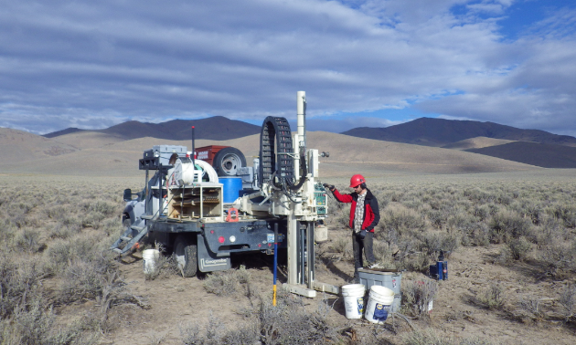 Nevada Exploration Inc.’s President, James Buskard, driving hollow direct push tooling to collect a groundwater sample in Grass Valley, Nevada. 