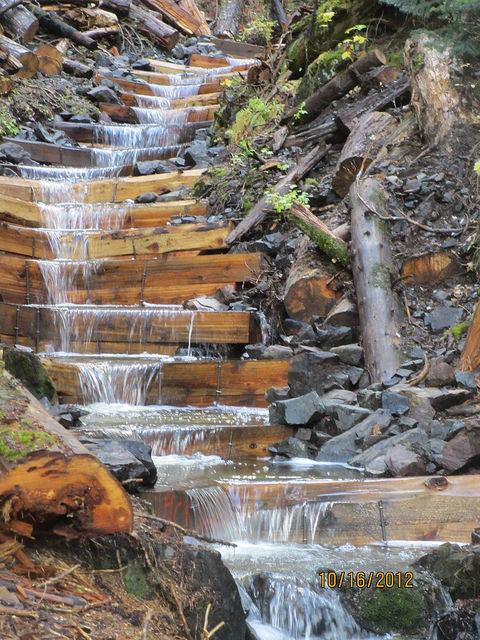 Restoration completed using fish ladders in a creek in the vicinity of the Huckleberry copper mine.