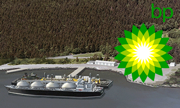 Woodfibre LNG export facility, with logo of BP Gas Marketing Limited. 