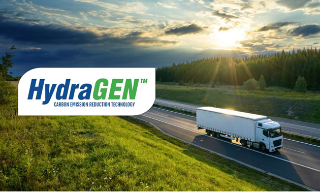 HydraGen logo, and picture of diesel truck travelling along highway. 