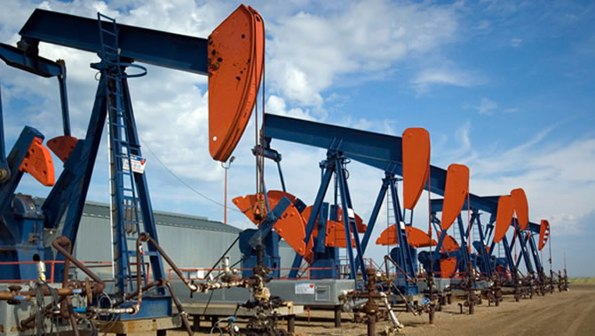 Picture of row of oil derricks.