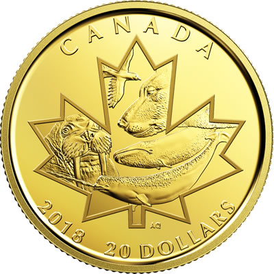 A close-up image of the reverse of the coin, showing the walrus, ptarmigan, polar bear, bowhead whale and narwhal framed within the outline of a maple leaf. 
