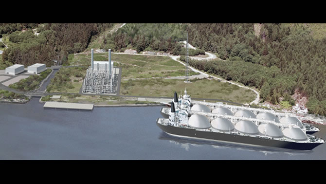 Artist's rendition of the preliminary project configuration of the Woodfibre LNG project.