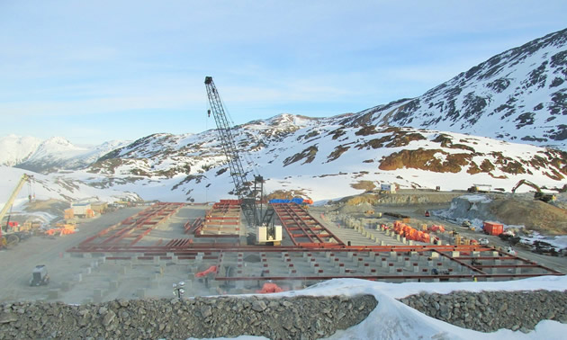 A crane is working at the Brucejack Mine site, April 2016,