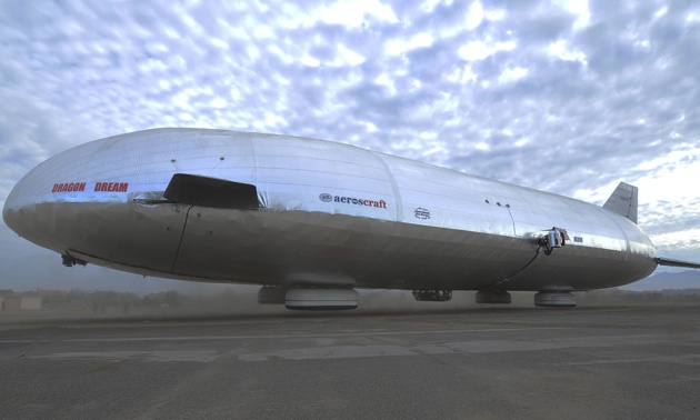 Measuring approximately 270 feet long, the helium-filled Aeroscraft begins testing its vertical takeoff capability in Tustin, CA.